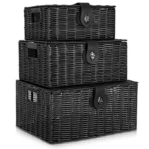 Lot de 3 boîtes de panier de rangement plastique avec couvercle et poignée latérale Boîte de rangement panier-cadeau, convient à la cuisine, au salon, à la salle de bain et à la chambre(noir) Cover