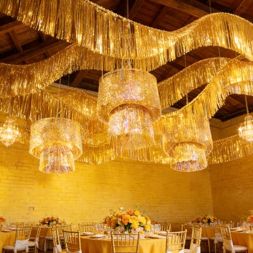 6 Pcs 2 Tier Gold Tinsel Chandelier 19.7ft Shiny Hanging Metallic Foil Tinsel Fringe Banners Gold Ceiling Fringe for 1920s Disco Wedding Bridal Shower Birthday Party Decorations by LipLopBest - Image 6