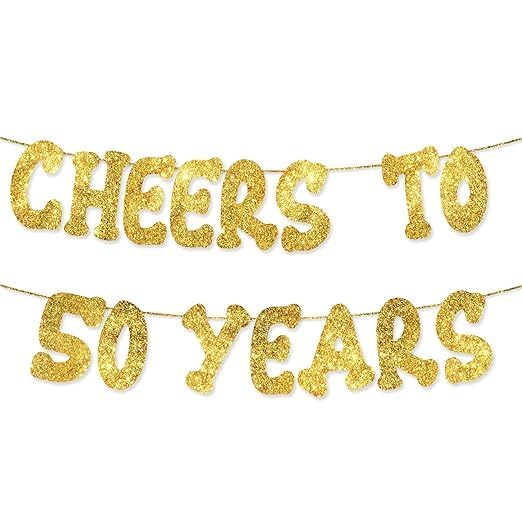 TrifleArte Cheers to 50 Years Banner | 50th Birthday Party Golden Glitter Banner | Party Decorations and Supplies | Wedding Anniversary Decorations | Pre-Strung