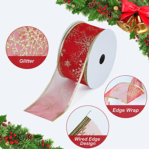 Arquiel 2.5" X 50 Yards Christmas Ribbon Wired, Glitter Snowflakes Ribbons Ornaments For Gift Wrapping Bow Diy Crafts Xmas Tree Decoration, Red Organza #TOP3