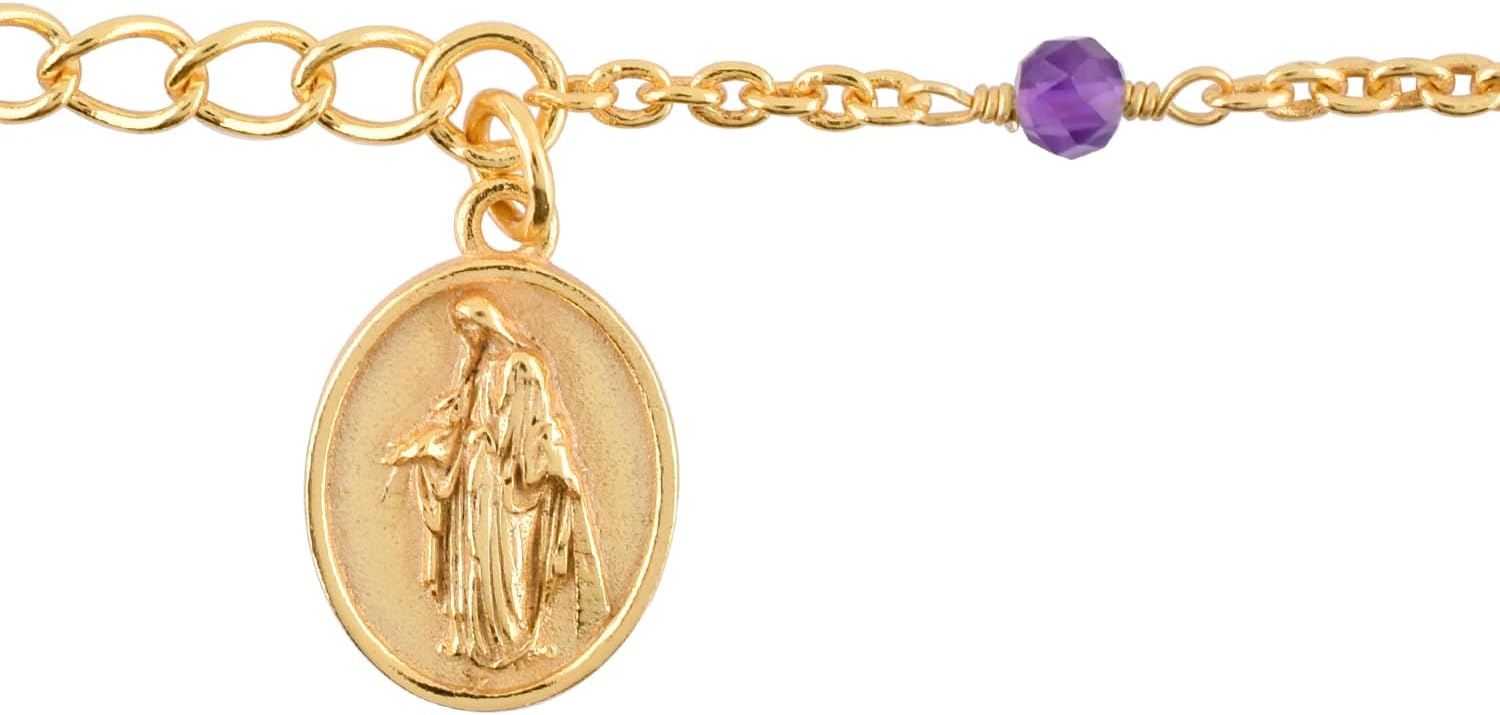 InfinityGemsArt Gemstone Bracelets For Women Birthstone Jewelry Micro Beads Crystals and Healing Stones, Virgin Mary Jesus Christ Cross Charm Bracelet, 18K Gold Plated Chain 8 inch