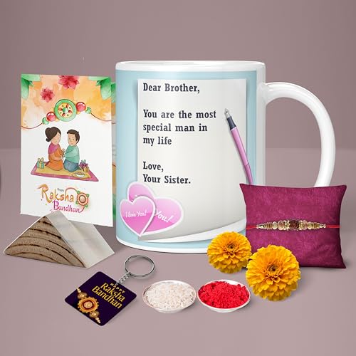 Image of NH10 DEISGNS Raksha Bandhan Gifts Pack for Brother, Combo Gift Pack of Designer Rakhi, Printed Coffee Mug, Happy Raksha Bandhan Greeting Card, Roli Chawal Combo Set (Pack of 5)(RMCKRCG706)