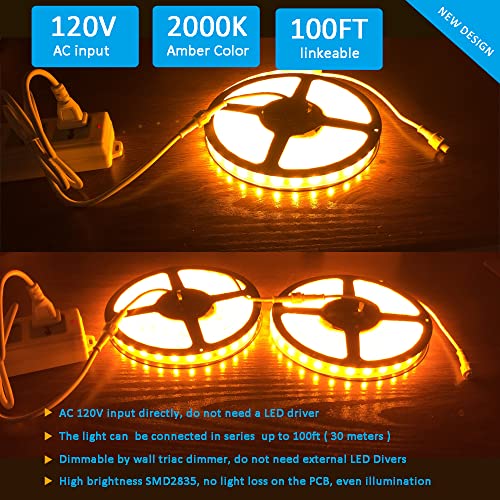 Image of 120V Dimmable LED Strip Light 2000K Amber Yellow Color,Dimming by Wall Dimmer Switch, Very Bright LED String, No Need Driver Converter,100ft Extension, IP65, Flexible LED Tape Light Under Cabinet