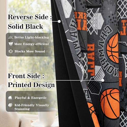 Image of MYSKY HOME Blackout Curtains 63 Inch Length for Teen Boys Kids Room Decor 95% Light Blocking Thermal Insulated Grommet Drapes with Basketball Printed, 2 Panels, 52 inch Wide Each Panel, Black and Orange