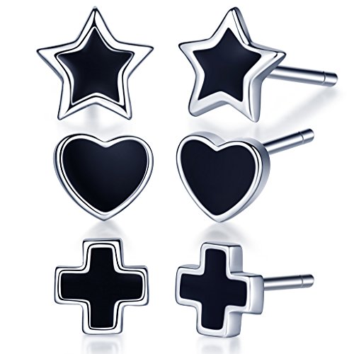 Infinite U – PLATA DE LEY 925 negro epoxi estrella/corazón/Cruz Ear Studs Pendientes...
