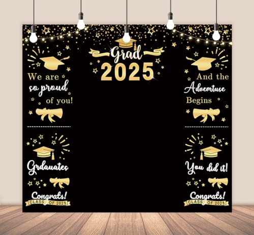 AIBIIN Class of 2025 Graduations Backdrop Black Gold Congrats Grad Party Photo Background, Gold Photo Booth Props Congratulations Banner for 2025 Graduation Party Decorations Supplies 78.74x70.87inch