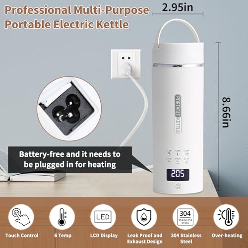 Image of Compact Portable Electric Kettle, LCD Display with 6 Temperature Settings, 304 Stainless Steel, 450ml /15.2oz, Auto Shut-Off and Boil-Dry Protection, Travel Electric Kettle Teapot, White
