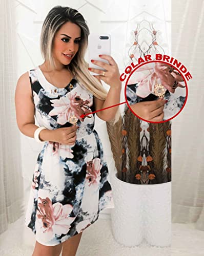 Vestido Feminino Midi Rodado Laço Festa Colar Brinde Moda Evangélica (P (38-40), Estampa 1)