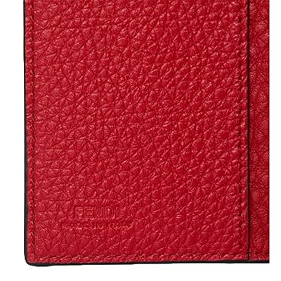 FENDI Red Grained Leather Baguette Logo Card Case Wallet Compact Bifold with FF Logo, 2 Card Slots, Made in Italy 7M0222