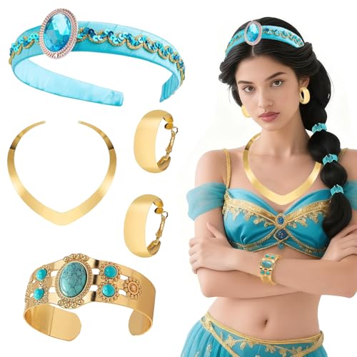 Accessoires de Costume de Princesse Arabe, 4pcs Deguisement de Princesse Jasmin avec Serre-Tête, Accessoires Costume de Princesse Jasmin, Princesse Arabe...