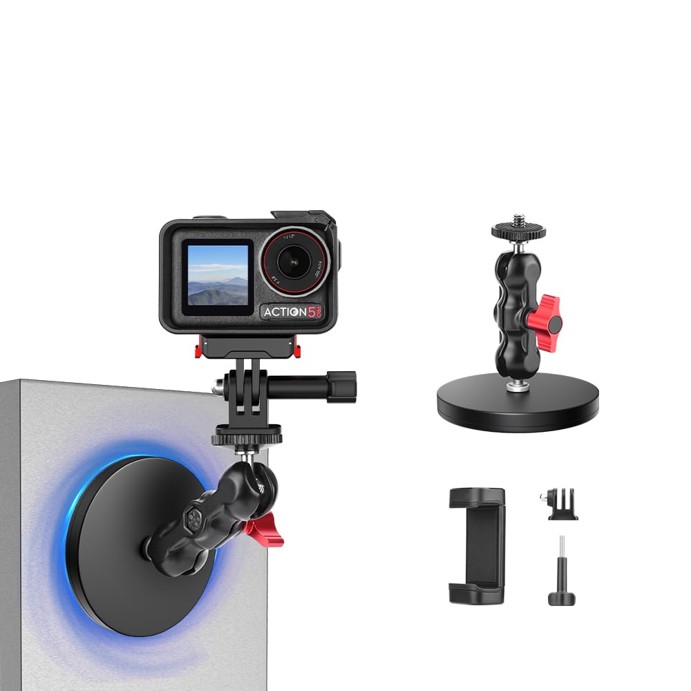 Magnetic Mount Stand for Sports Cameras & Phones, Flexible Magnetic Phone Tripod Mount, Silicone Wrapped, Dual Ball Head, 66mm Base