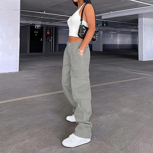 Lepunuo Cargo Pants for Women High Waisted Casual Pants Baggy Stretchy Wide Leg Y2K Streetwear with 6 Pockets Silver Gray — view 3