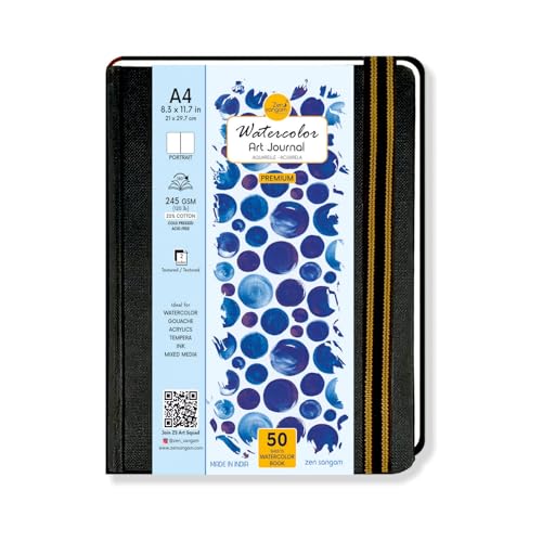 Zen Sangam Express your Mind Zen Sangam Artists’ - A4 Watercolor Art Journal Portrait - 245 GSM - 20% Cotton Cold Pressed - (50 Pages) - Size (29.7x21cm) - Watercolour Book - Black.