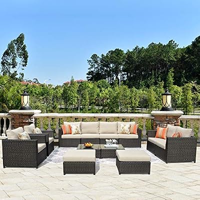 ovios 12 Pieces Patio Furniture Set, Outdoor Wicker Rattan Sectional Sofa Set with Comfy Cushions, All Weather Assembled Furniture Set, No Assembly, Brown Wicker, Beige Cushion