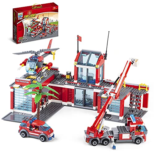 QLT QIAOLETONG City Fire Station Building Kit, 774 Pcs Building Set Including Fire Station, Fire Truck, Fire Helicopter,Fire Fighter, City Building Blocks STEM Toys Gift for Boys 6-10 Years Old.