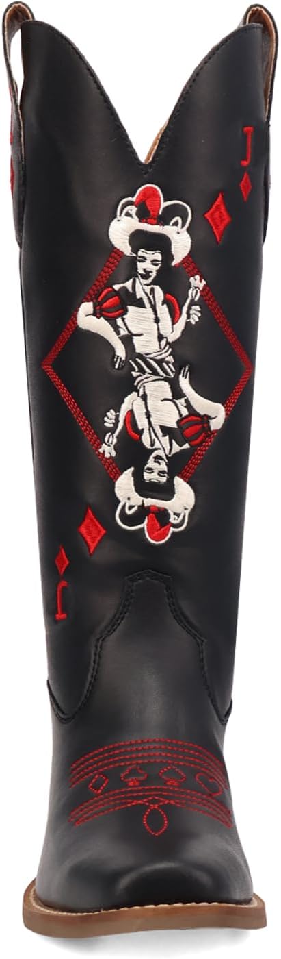 Dingo Womens Jack Of Diamonds Graphic Embroidered Square Toe Pull On Casual Boots Knee High Low Heel 1-2" - Black