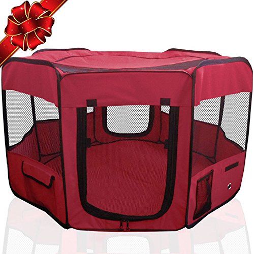 ToysOpoly Pet Playpen 45" Indoor/Outdoor Cage. Best Exercise Kennel for Your Dog, Cat, Rabbit, Puppy, Hamster or Guinea Pig. Portable Pen for Easy Travel (Maroon)