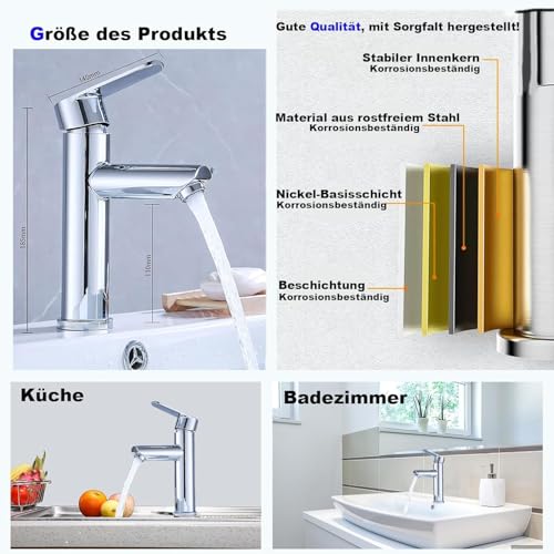 XWIHTR Heiße und kalte Waschtischarmaturen aus Edelstahl, Wassersparende, leise und tropffreie Badarmaturen für Badezimmer, Waschbecken, kleine Küchenarmaturen (Chrom)