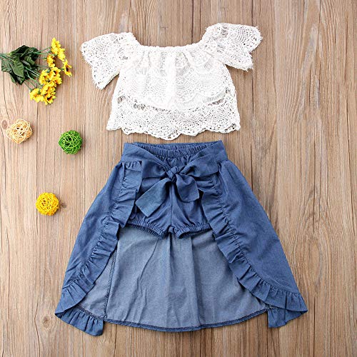 Toddler Baby Girl Lace Flower Off Shoulder Crop Top Denim Shorts Maxi Skirt Outfits Summer Clothes Set (Lace Shirt + Short Jeans+Denim Skirt,1-2 Years) #TOP1