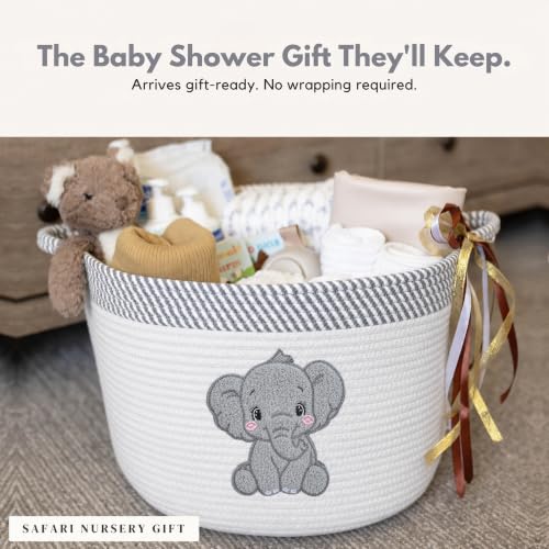 Image of Elephant Baby Storage Basket, Woven Cotton Rope Nursery Bin, 15x11 in | Stuffed Animal and Blanket Storage, Soft Felt Elephant Patch, Neutral Baby Room Decor, Baby Shower, Kids Playroom Organizer