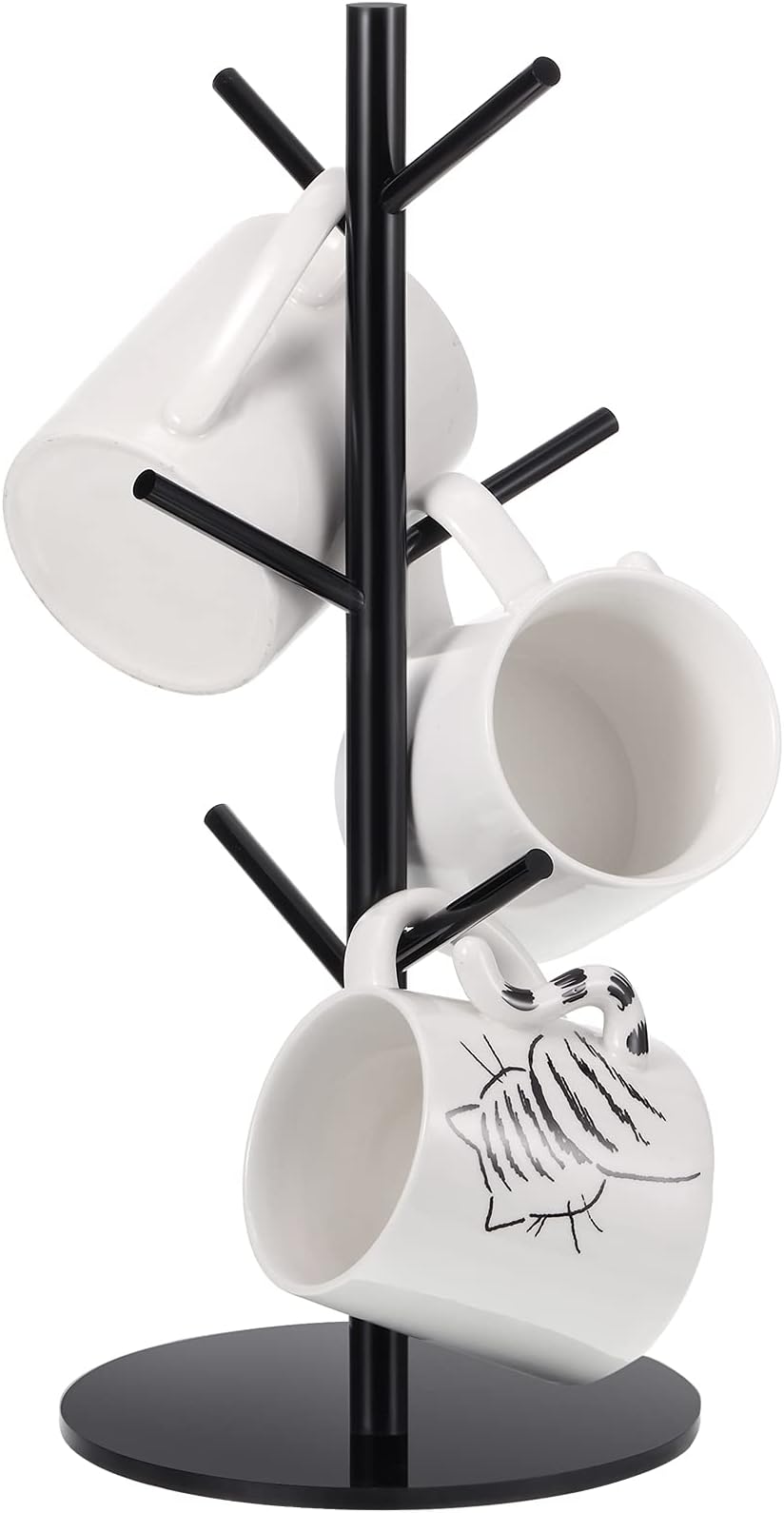 14 Inch Acrylic Coffee Mug Tree Mug Holder Tree Coffee Mug Rack Cup Holders for Counter with 6 Hooks Removable Acrylic Mug Stands (Black)