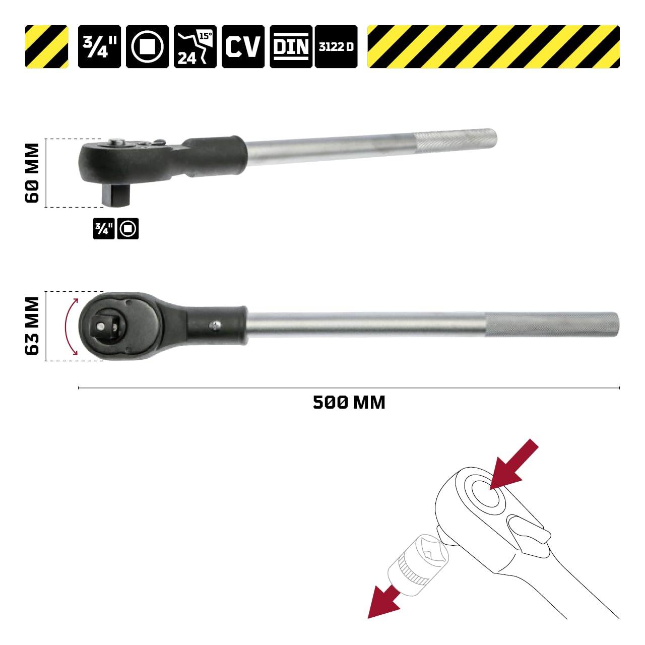 WGB Das Werkzeug Chiave a cricchetto con meccanismo a leva da 3/4", 24 denti, conforme alla norma DIN 3122, lunghezza 500 mm