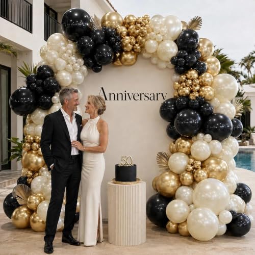 Image of Black White Gold Balloon Garland Double Stuffed, Pearl Sand Champagne Gold Balloons Cream Beige Balloon Arch Kit for Halloween Birthday Wedding Anniversary Graduation New Year Party Decorations