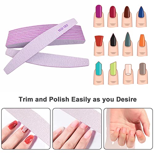 Nail File (12 Pcs), Nail Files for Acrylic Nails and Natural Nails, 100/180 Grit Double Sided Emery Boards for fingernail Professional Reusable Washable Manicure Pedicure Tool Set Halfmoon Arc Gray