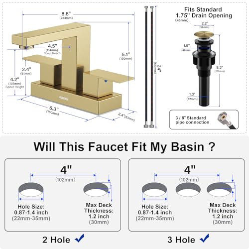 Bathroom Sink Faucet, 4 inch Brushed Gold Bathroom Faucet Stainless Steel by Hurran - Used condition - Image 6