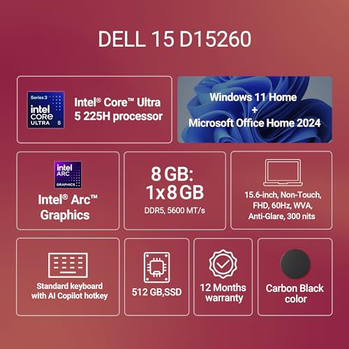 Dell 15 AI Powered Laptop, Intel Core Ultra 5 225H, 8GB DDR5 RAM, 512GB SSD, 15.6" FHD Anti-Glare Display, Intel Arc Graphics, Standard Keyboard, Dedicated Copilot Key, Black, Win11 Home + MSO H&S'24 view 2