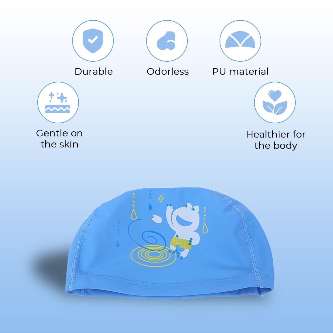 Endless EL1017 Comfortable PU Swimming Cap with Cartoon Design | Blue | Material: PU | Elastic Waterproof Swimming Cap for Long and Short Hair with Thicker Edge | for Children