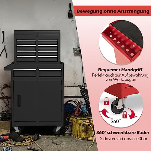 Foto von COSTWAY 2 in 1 Werkstattwagen inkl. Koffer & 8 Fächer & Haken & verstellbarem Regal, Werkzeugwagen Abschließbar auf Rädern ohne Werkzeug, Profi Werkstatt-Wagen Metall 100 kg Tragkraft, 59x28x102cm