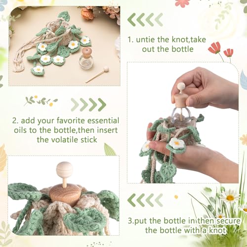 Image of DaisyInner Cute Crochet Plant Car Freshener 12ml Empty Refillable Diffuser Bottle with Plants Hanging Accessories for Ornaments Charms Rearview Mirror Home Office Decor Women Gifts(Daisy)