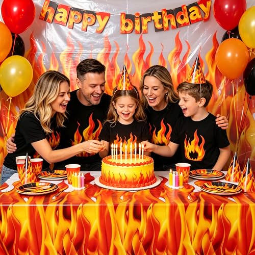 Image of Kochorie 100 Ft x 54 Inch Halloween Flame Party Tablecloth Roll with Cutter Box Waterproof Plastic Fake Fire Table Cover for Halloween Campfire Party Supplies Decorations