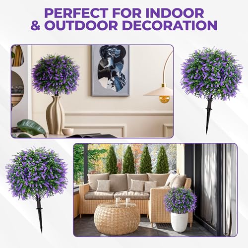 Mossea Artificial Lavender Boxwood Topiary Ball Trees, Set of 2 Faux Shrub Bushes for Indoor & Outdoor Decor, 22\" UV Resistant Fake Greenery Plants with Ground Spike for Porch, Patio, Garden, Yard