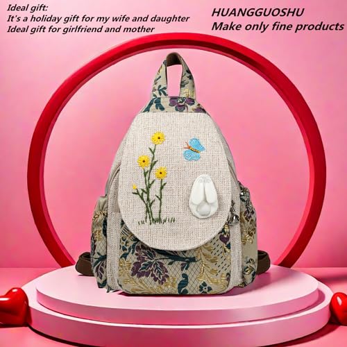 Image of Small Canvas Backpack, Retro Boho Washed Hippie for Women Daily Commute (Rabbit Decorations)