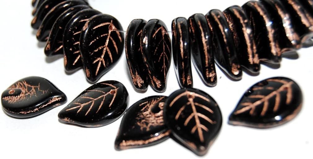 100 pcs Leaf Pressed Glass Beads, Black 54200 (23980 54200), Glass, Czech Republic, Size 18 x 13 mm (0.71 x 0.51 in)