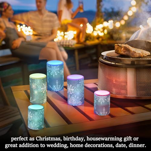 Image of Christmas Flameless Candles Teal Blue White Snowflake Pillar Candles Set of 2 Battery Operated Remote Control Warm Lights Home Decor