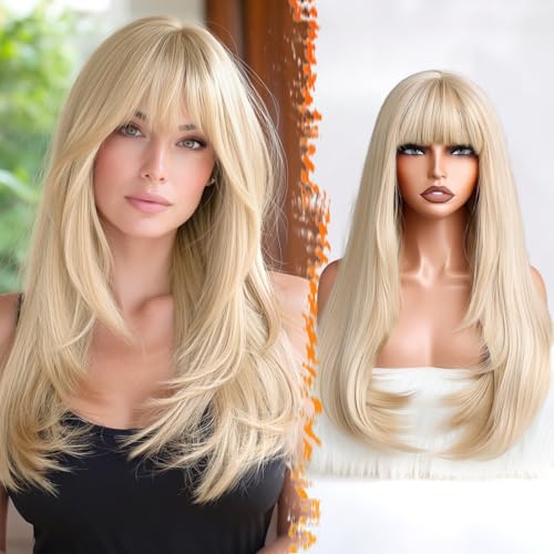 BARSDAR Lange Blond Perücke mit Pony Lange Glatte Blond Perücke mit Pony für Damen 61cm Natürlich Aussehendes Dick Weiches Synthetisches Haarersatz-Pruik für Alltag Cosplay Party Halloween