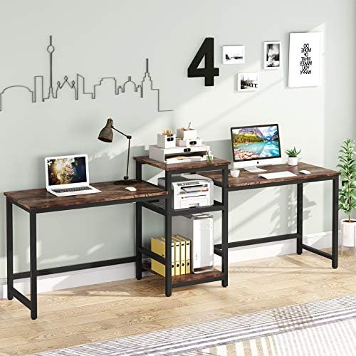 Tribesigns 96.9" Double Computer Desk with Printer Shelf, Extra Long Two Person Desk Workstation with Storage Shelves, Large Office Desk Study Writing Table for Home Office, Dark Brown