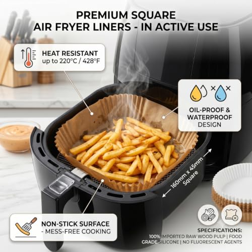 Image of Sakoraware 100 PCS Paper Liners 8 x 8 Inches, Disposable Non-Stick Parchment Paper for Air Fryer Oil Proof, Food Grade Baking Paper for Roasting, Baking & Cooking
