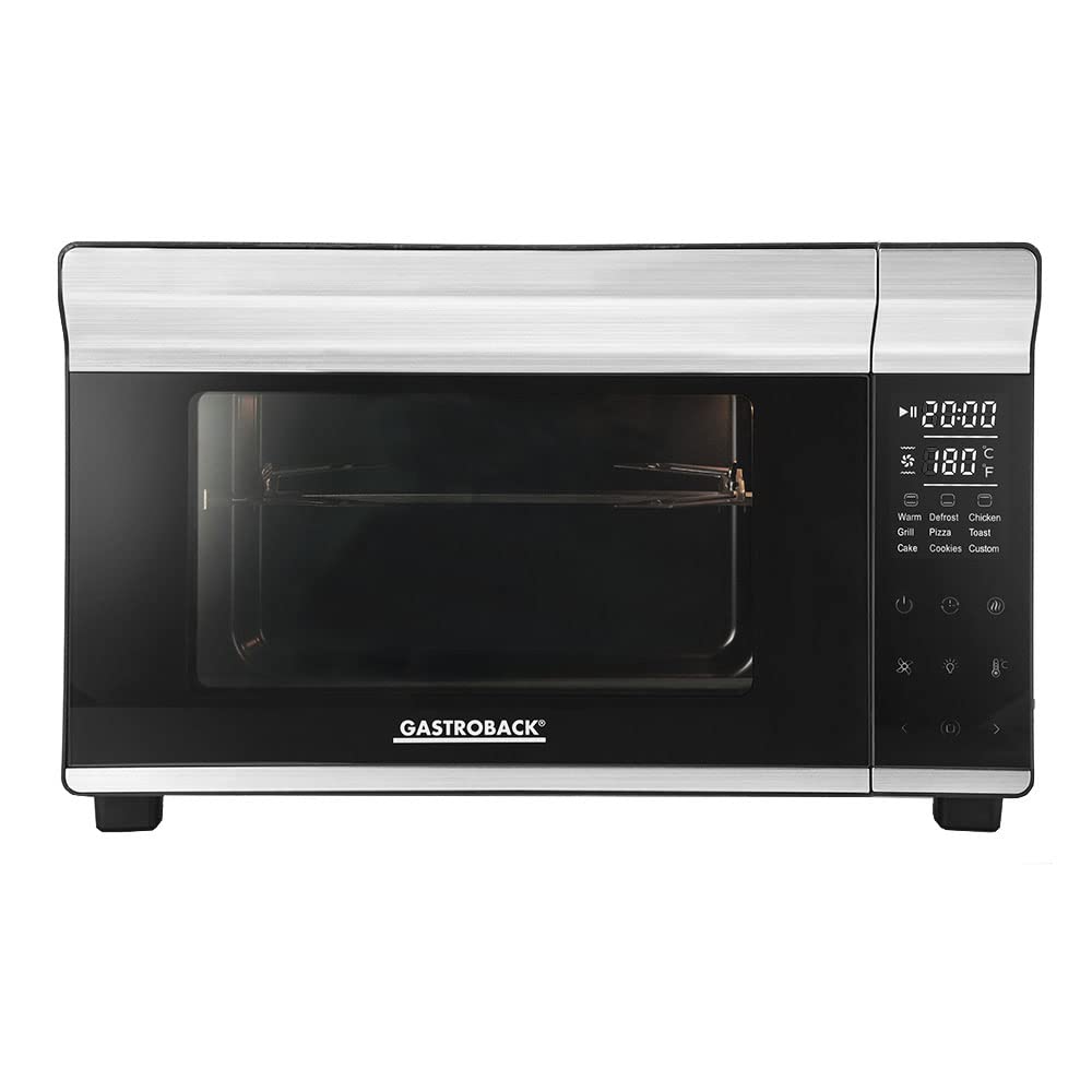 GASTROBACK Design Mini-Backofen Bake & Grill - Minibackofen mit Umluft, 26 L, 5 Funktionen bei 30°C - 230°C, Cool Touch Gehäuse - 30 cm Ø Pizzastein, Backblech, Grillrost und Grillspieß
