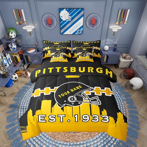 Erosebridal 7 Pcs Comforter Set King Size,Personalized American Football Bed in a Bag with Flat Fitted Sheet for Kids and Adults,Boys Bedding Set with Pillowcases and Cushion Cases(Pittsburgh)