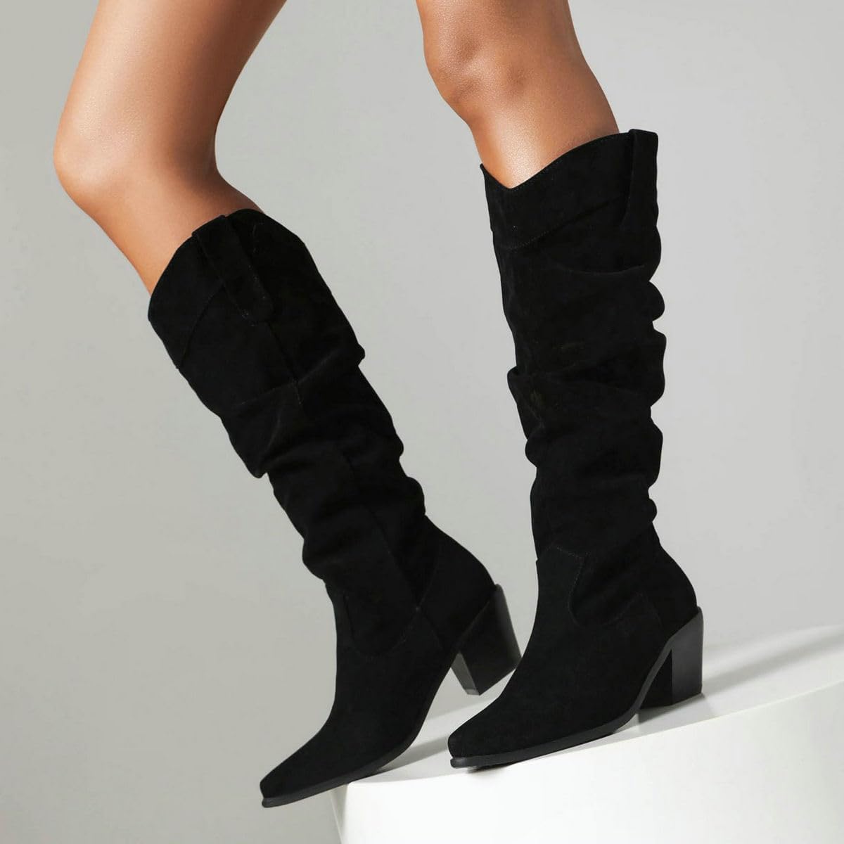 DINTAHA Slouchy Boots For Women,Suede Knee High Cowboy Boots Slouch Heeled Cowgirl Boots