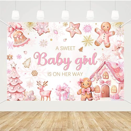 Bannière de fond de Noël bébé fille avec biscuits et flocons de neige