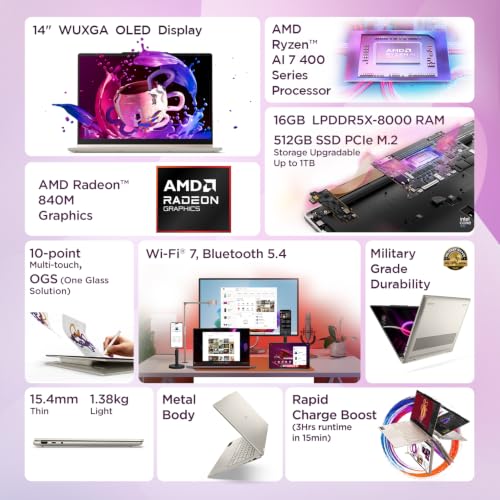 Image of Lenovo Yoga 7 2-in-1 AMD Ryzen 7 AI 7 445 (16GB RAM /512GB SSD /14 (35.5cm) /WUXGA OLED /Yoga Pen Gen 2 /Copilot+ PC /Windows 11 /MSO 365 Basic+Office24 /Seashell /1.4Kg), 83TD007WIN