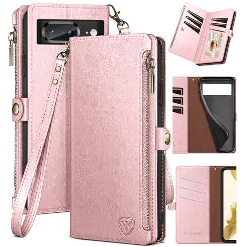 XcaseBar for Google Pixel 8 Wallet case with Zipper Credit Card Holder 【RFID Blocking】, Flip Folio Book PU Leather Phone case Shockproof Cover Women Men for Pixel 8 case White