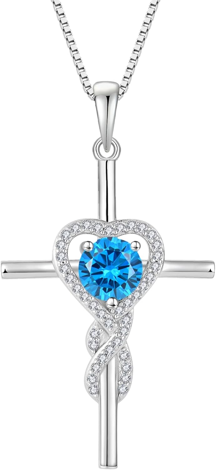 Rocayi Cross Necklace for Women 925 Sterling Silver Infinity Birthstone Pendant Necklace Religious Christian Jewelry Gifts Wife Mom Her