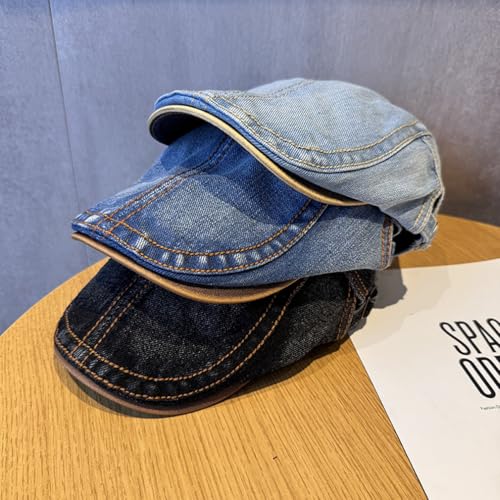 Image of Quanhaigou Unisex Denim Newsboy Hats Flat Ivy Gatsby Cabbie Driving Berets Hat Cotton Dad Cap for Men Women