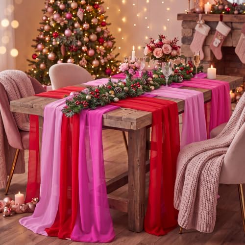 Boao 6 Pcs Pink Christmas Decorations Red and Pink Chiffon Table Runner